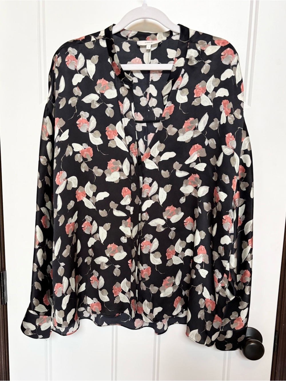 Vince Watercolor Petal 100% Silk Band Collar Blouse - Black Floral - Size Large